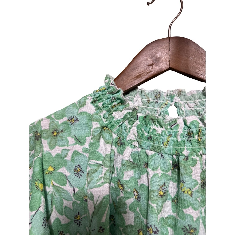 Melloday Smocked Mock Neck Blouse Womens XL Green Floral Flutter Sleeve - Picture 4 of 7
